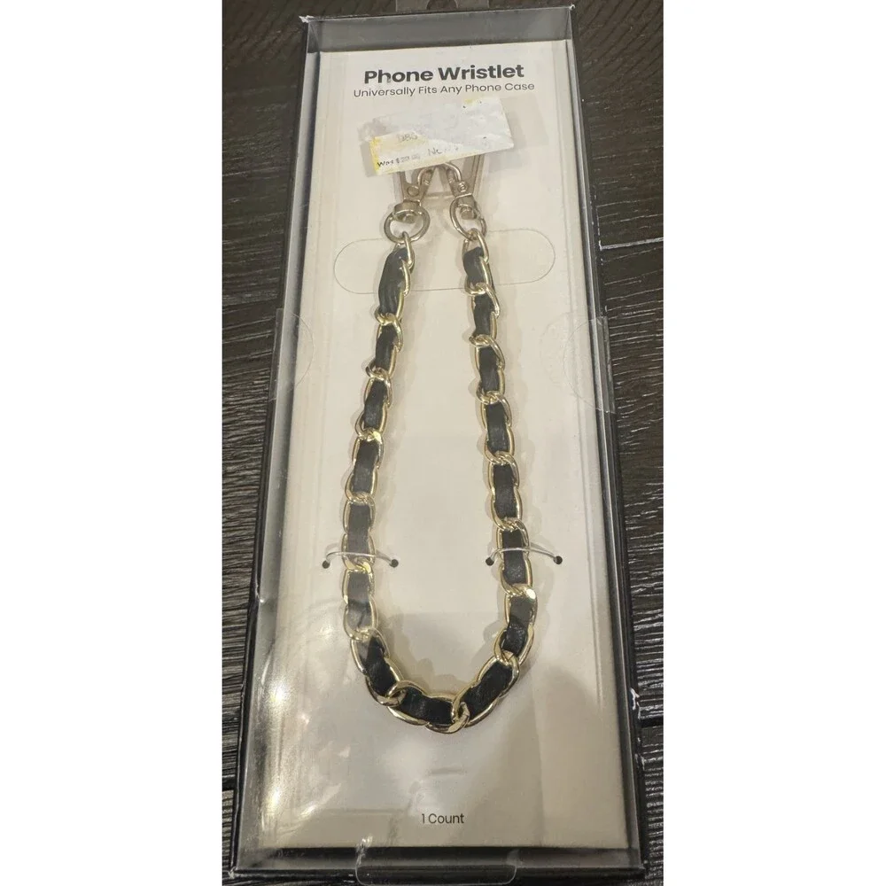 Phone Wristlet Lanyard Gold Tone Chain with Faux Black Leather - Universal
